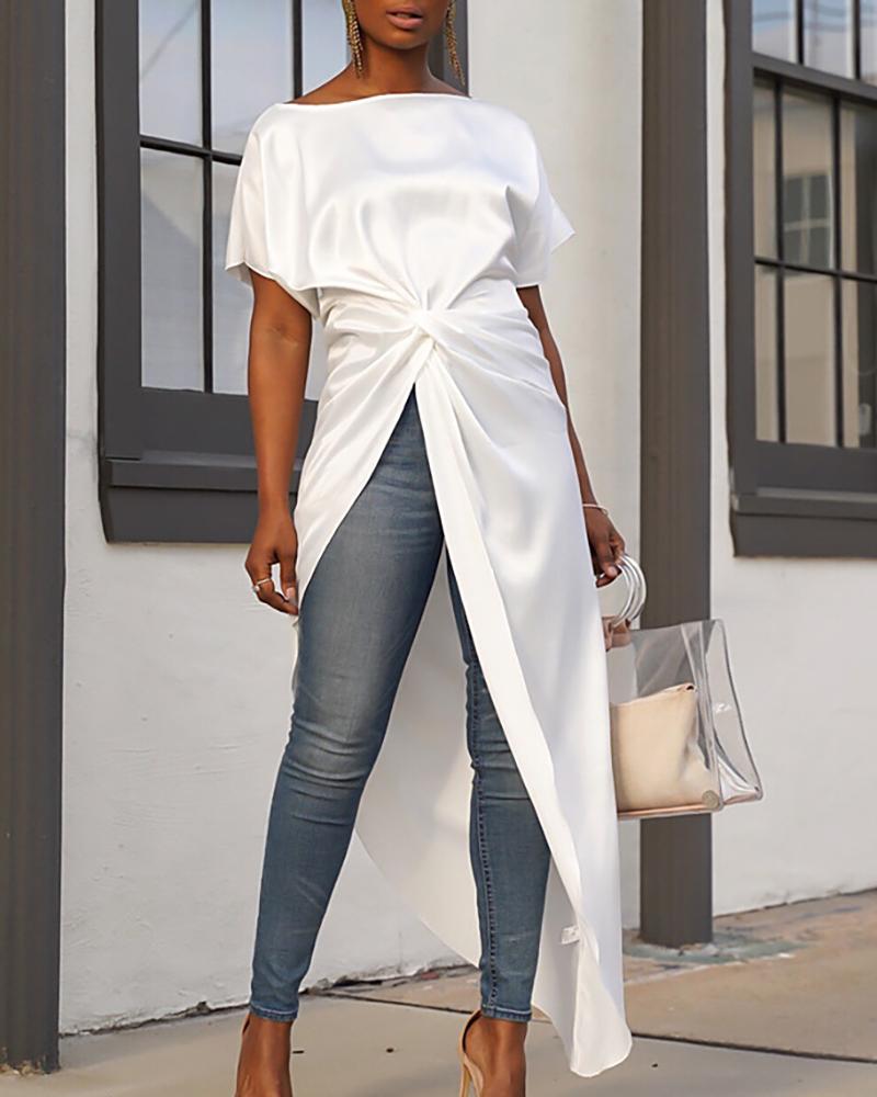 

Short Sleeve Twisted Dip Hem Women Blouse, White