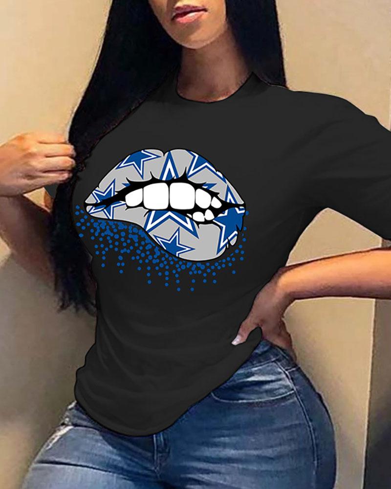 

Lip Star Print Short Sleeve Casual T-shirt, Black