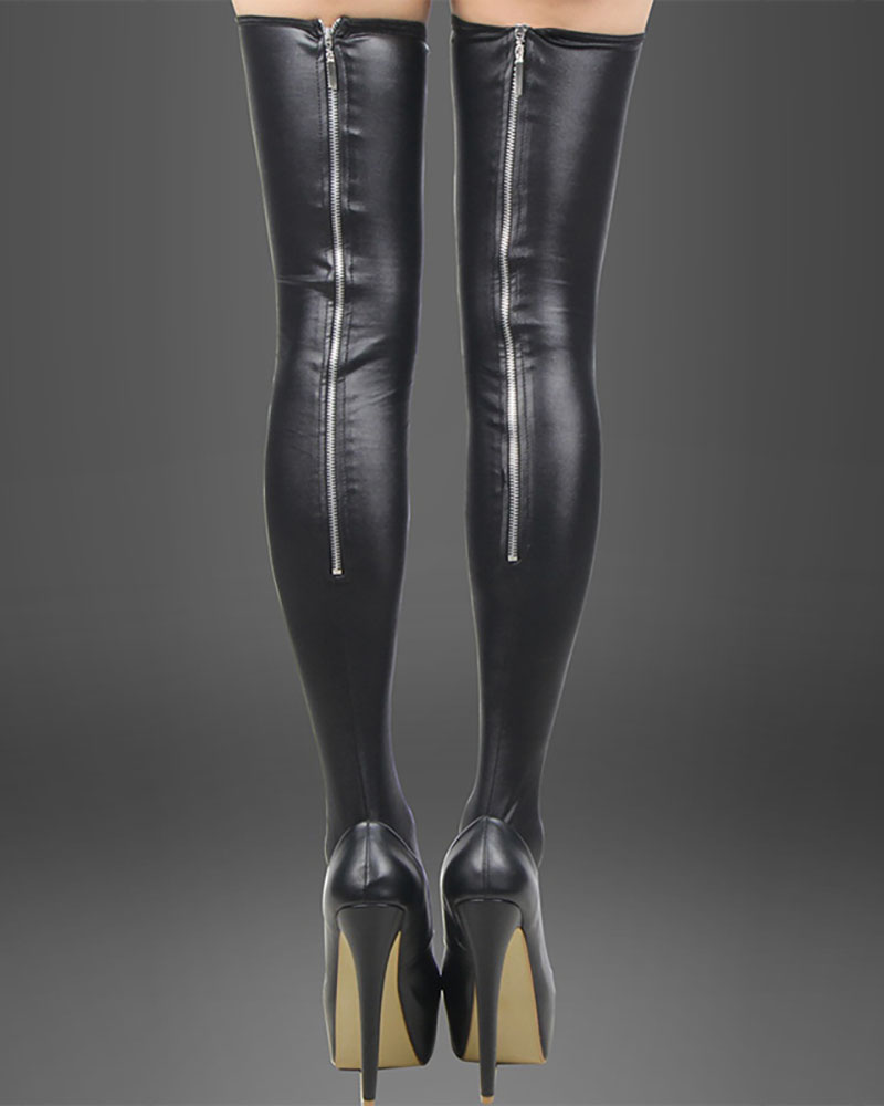 

Night Club PU Leather Zipper Design Lingerie Stockings, Black