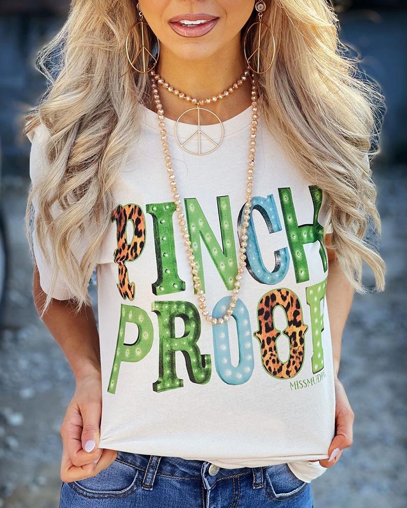 

Letter Cheetah Print Short Sleeve Casual T-Shirt, White