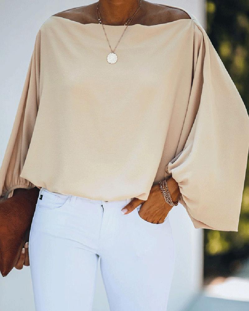 

Lantern Sleeve Plain Casual Blouse, Khaki