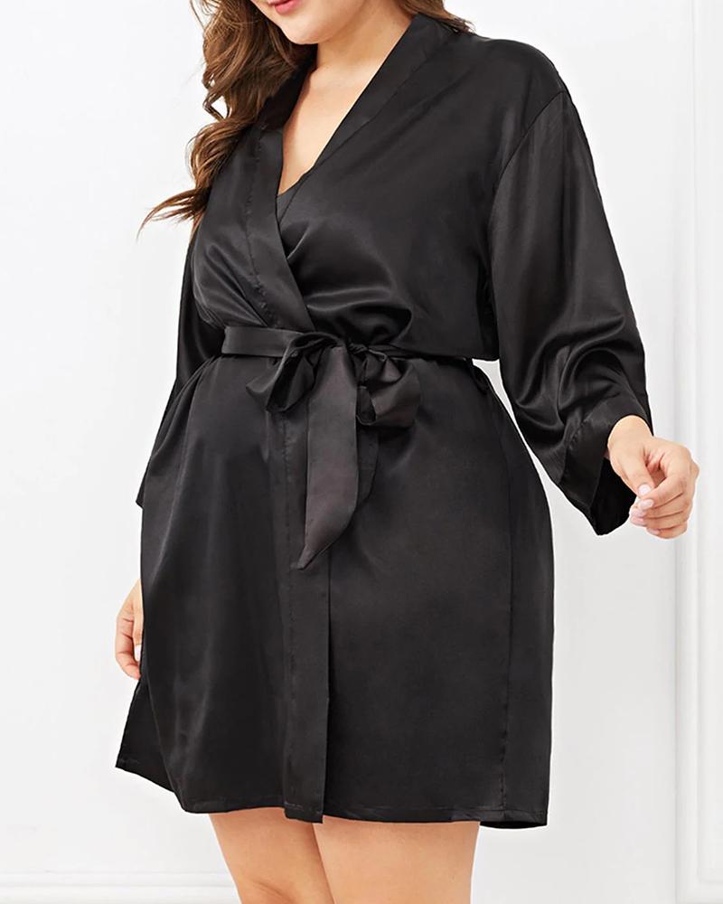 

Plus Size Long Sleeve Plain Robe, Black