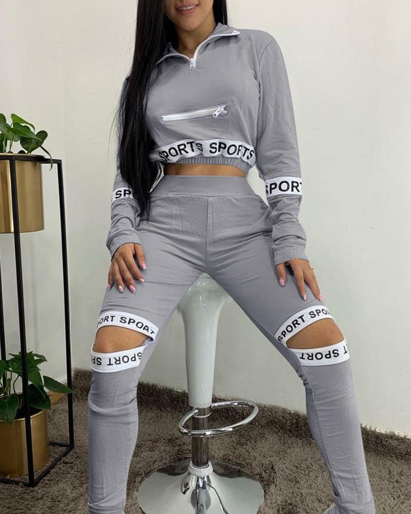 

Letter Print Crop Top & Cutout Pants Sets, Gray