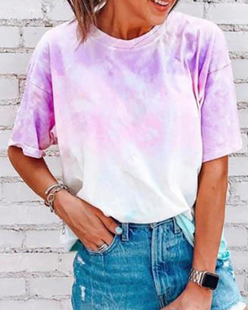 

Tie Dye Print Short Sleeve Casual T-shirt, Purple