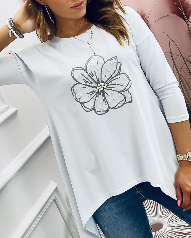 

Asymmatrical Beaded Design Floral Print Top, White