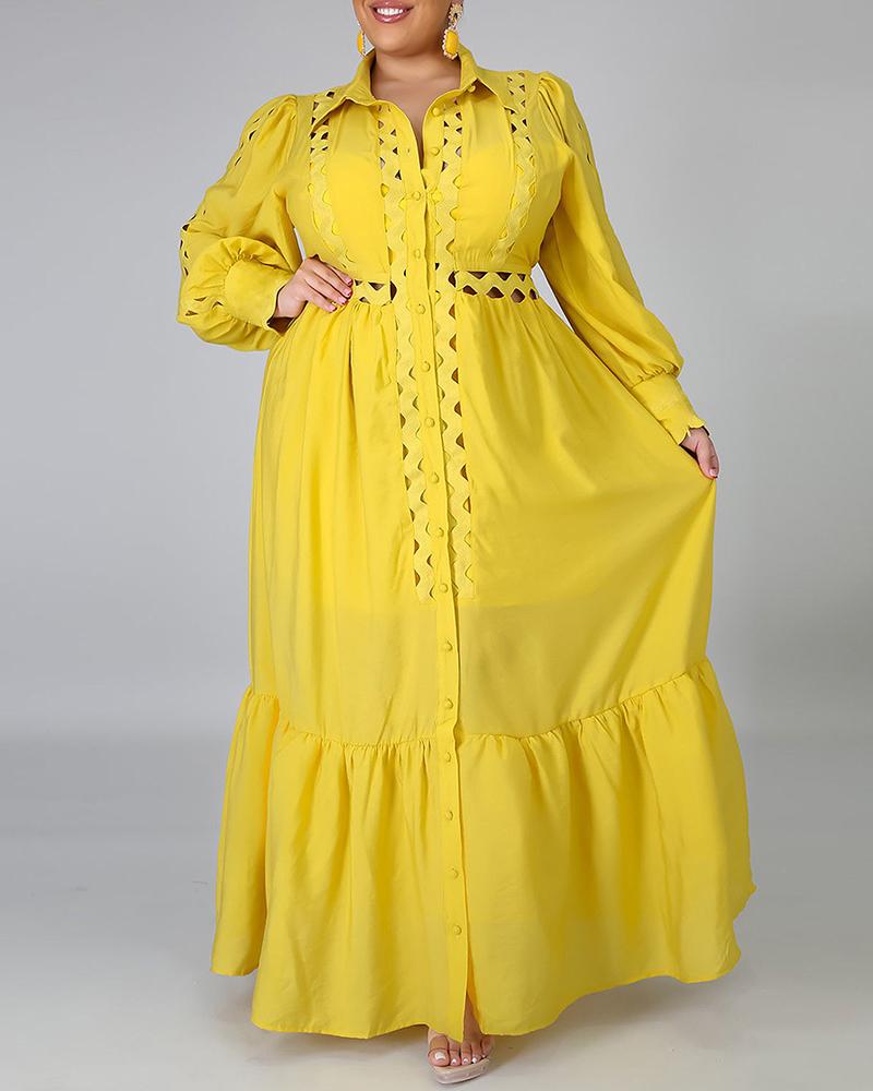 

Plus Size Hollow Out Puffed Sleeve Ruffles Maxi Dress, Yellow