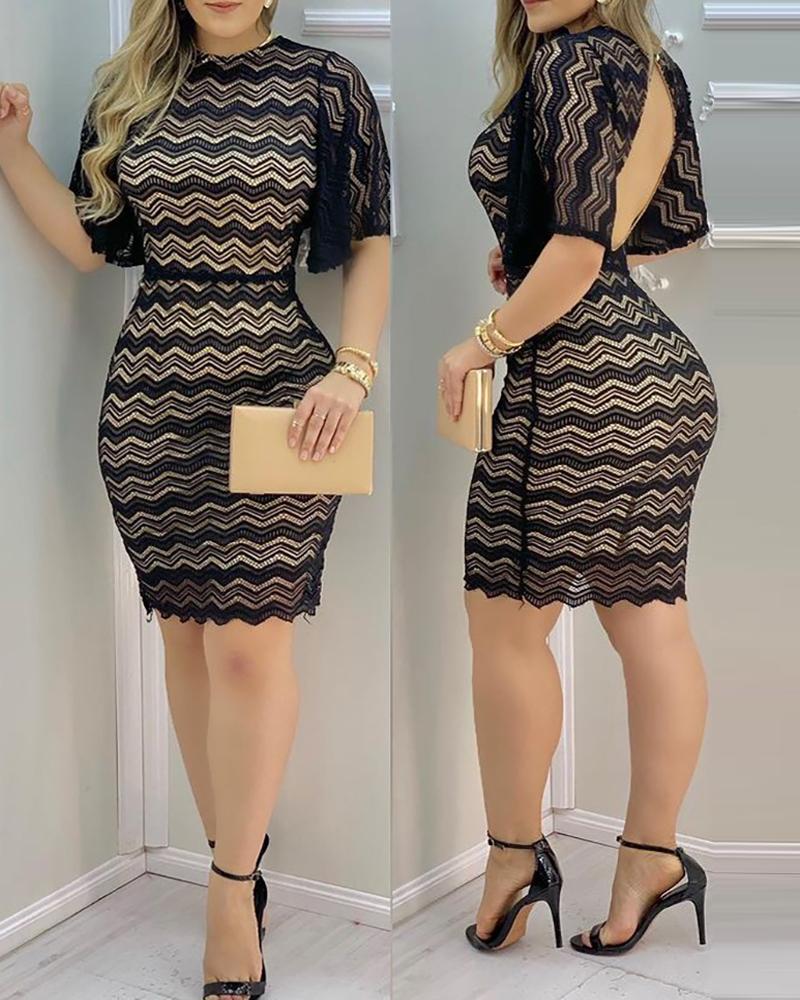 

Wave Pattern Lace Backless Bodycon Dress, Black