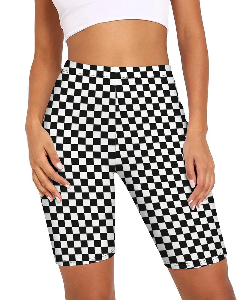 

Grid Print Colorblock High Waist Biker Shorts, Black