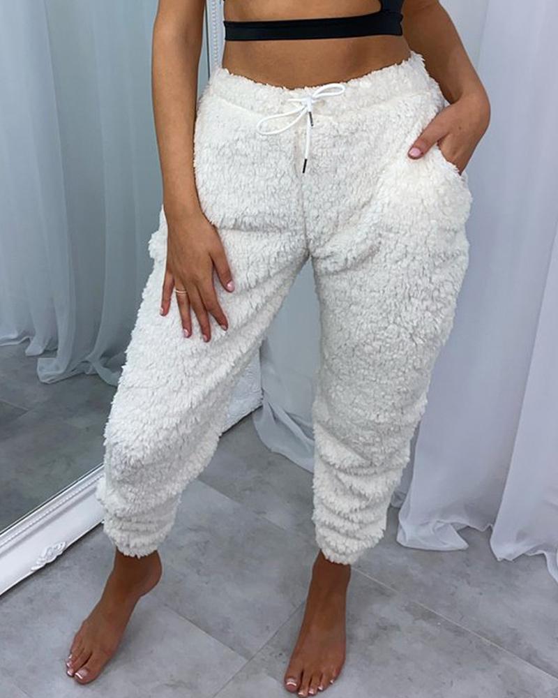 

Drawstring Pocket Design Teddy Pants, White