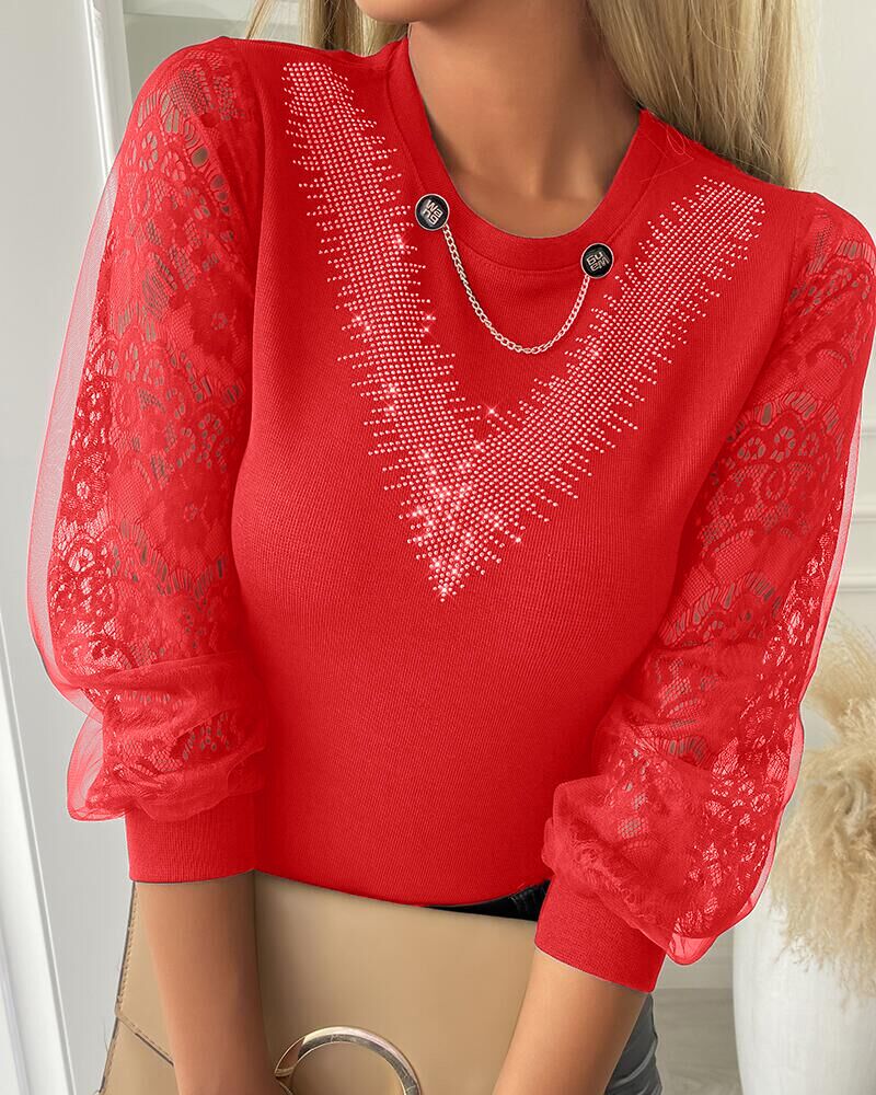 

Floral Pattern Lace Sheer Mesh Studded Blouse, Red