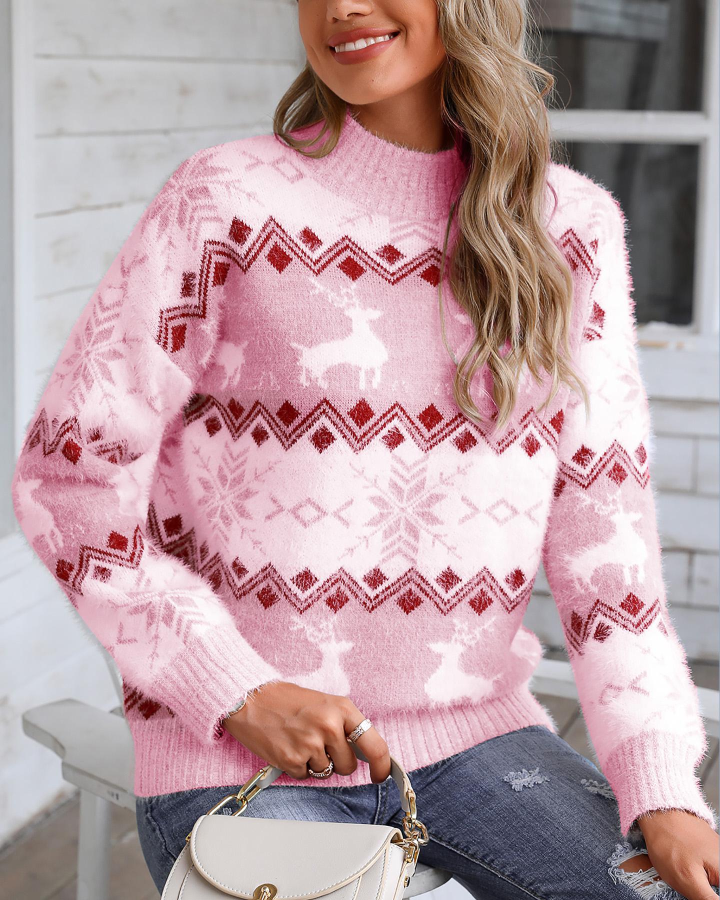 

Christmas Fluffy Reindeer Print Knit Ugly Sweater, Pink