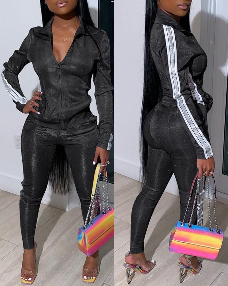 

Striped Tape Zipper Design Top & Skinny Pants Set, Black