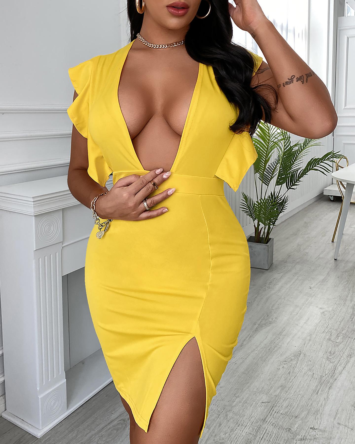 

Solid Short Sleeve Strappy Skinny Mini Slit Dress, Yellow