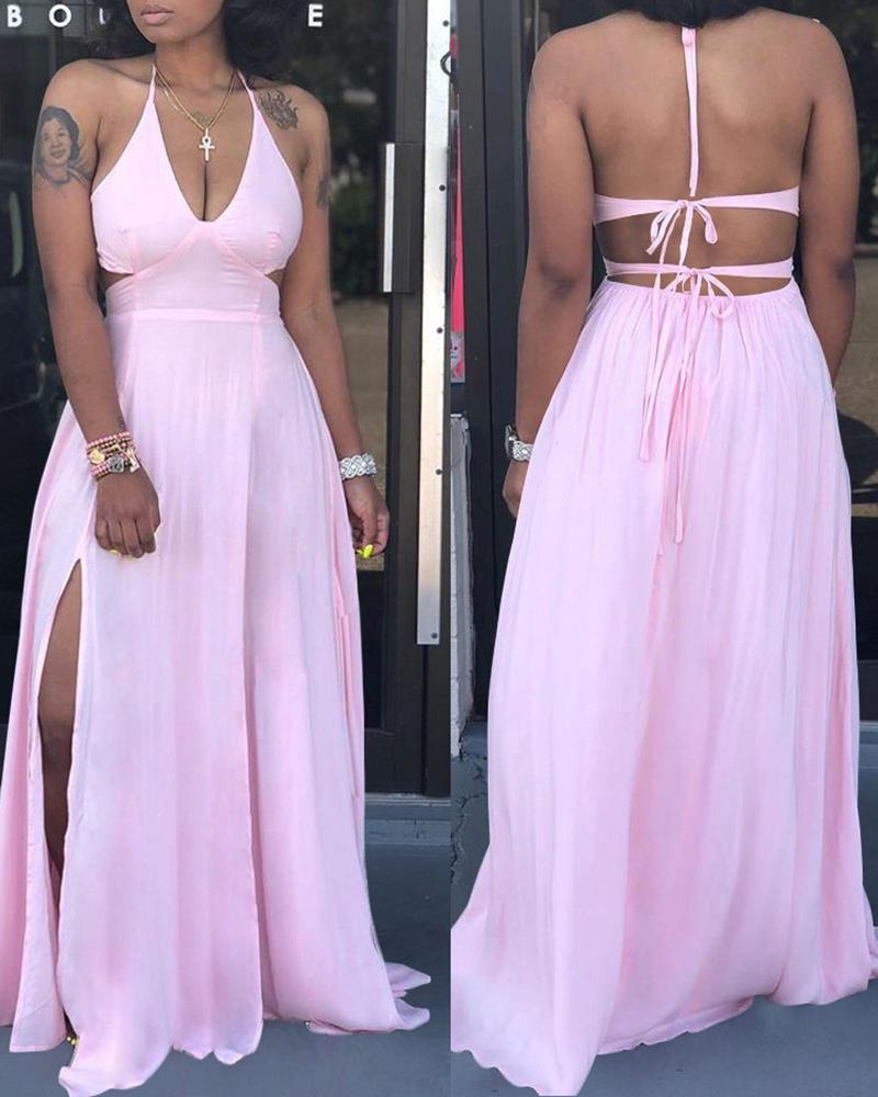 

Halter Backless High Slit Maxi Dress, Pink
