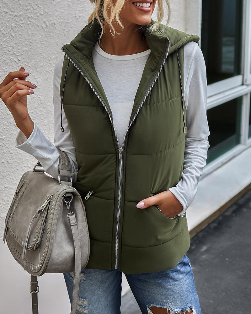 

Pocket Design Casual Hooded Vest, Army green