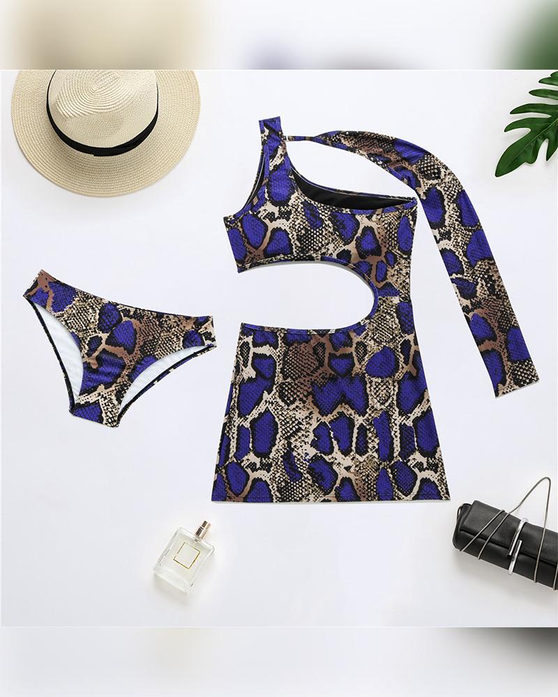 

Snkaeskin One Shoulder Long Sleeve Skinny Cut-out With Panties Bikini Sets, Purple