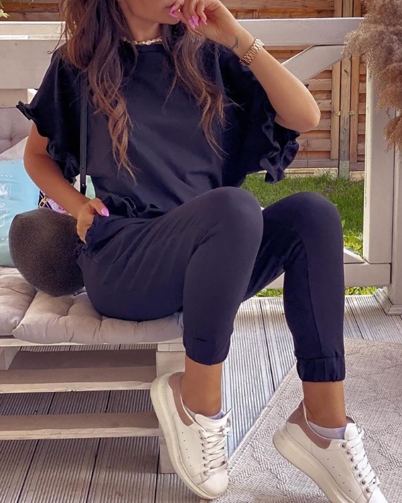 

Plain Ruffles Hem Short Sleeve Top & Pants Set, Black