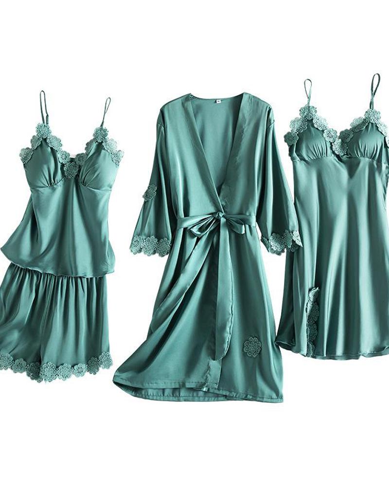Satin Lace Detail 4Pcs Pajama Set