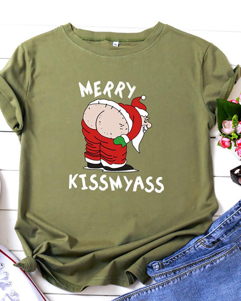 

Christmas Graphic Letter Print T-Shirt, Army green