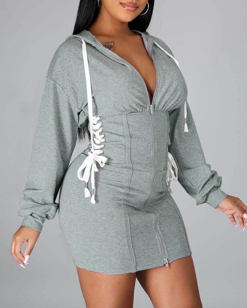 

Zipper Design Lace Up Hooded Dress, Gray
