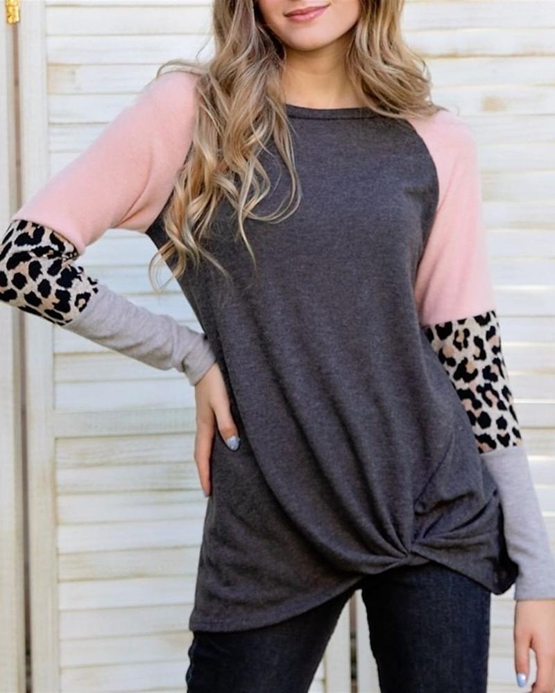 

Colorblock Leopard Print Round Neck Twisted Long Sleeve Top, Dark grey