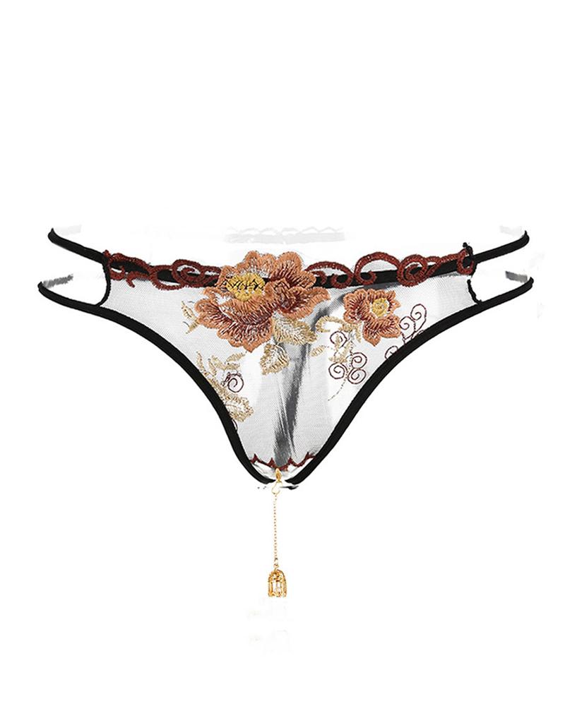 

Sheer Mesh Embroidery Floral Open Crotch Thong, Black