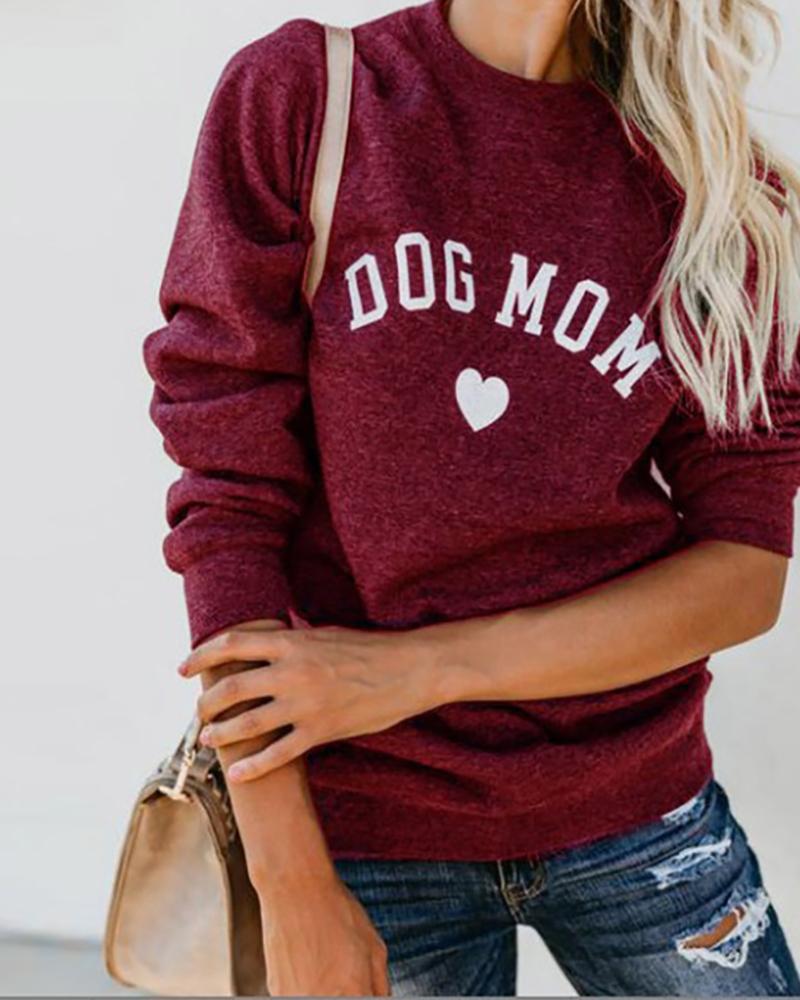 

Letter Heart Print Round Neck Casual Sweatshirt, Wine red