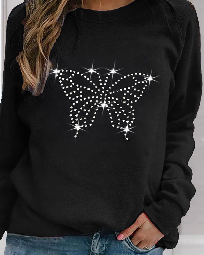 

Butterfly Rhinestone Print Long Sleeve Women Blouse, Black