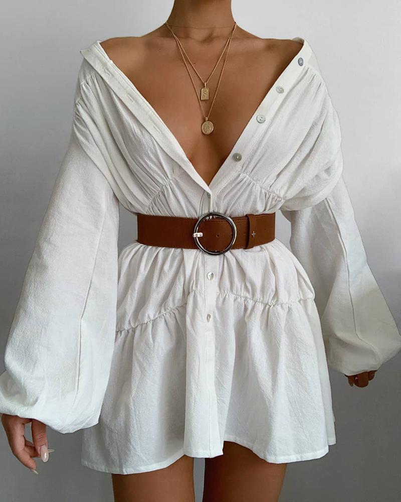 

Lantern Sleeve Plain Shirt Dress, White