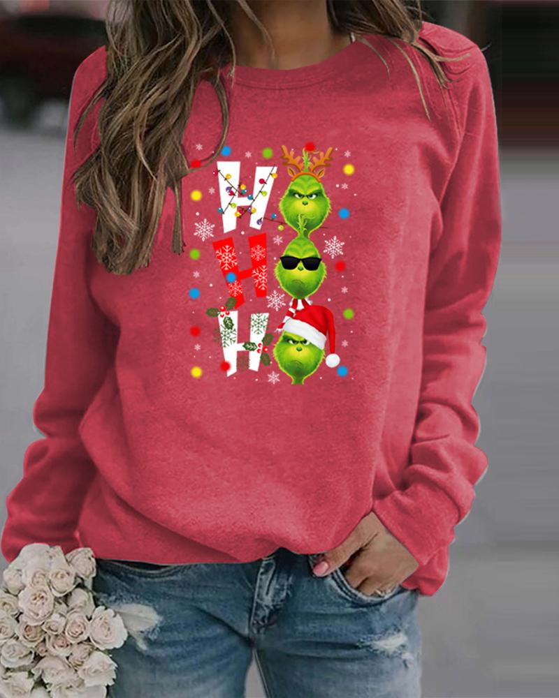 

Christmas Letter Cartoon Print Long Sleeve Top, Pink