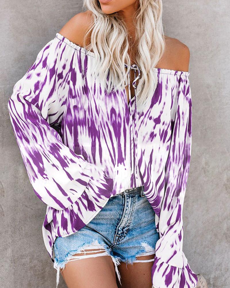 

Off Shoulder Tie Dye Print Ruffles Tied Front Casual Blouse, Purple