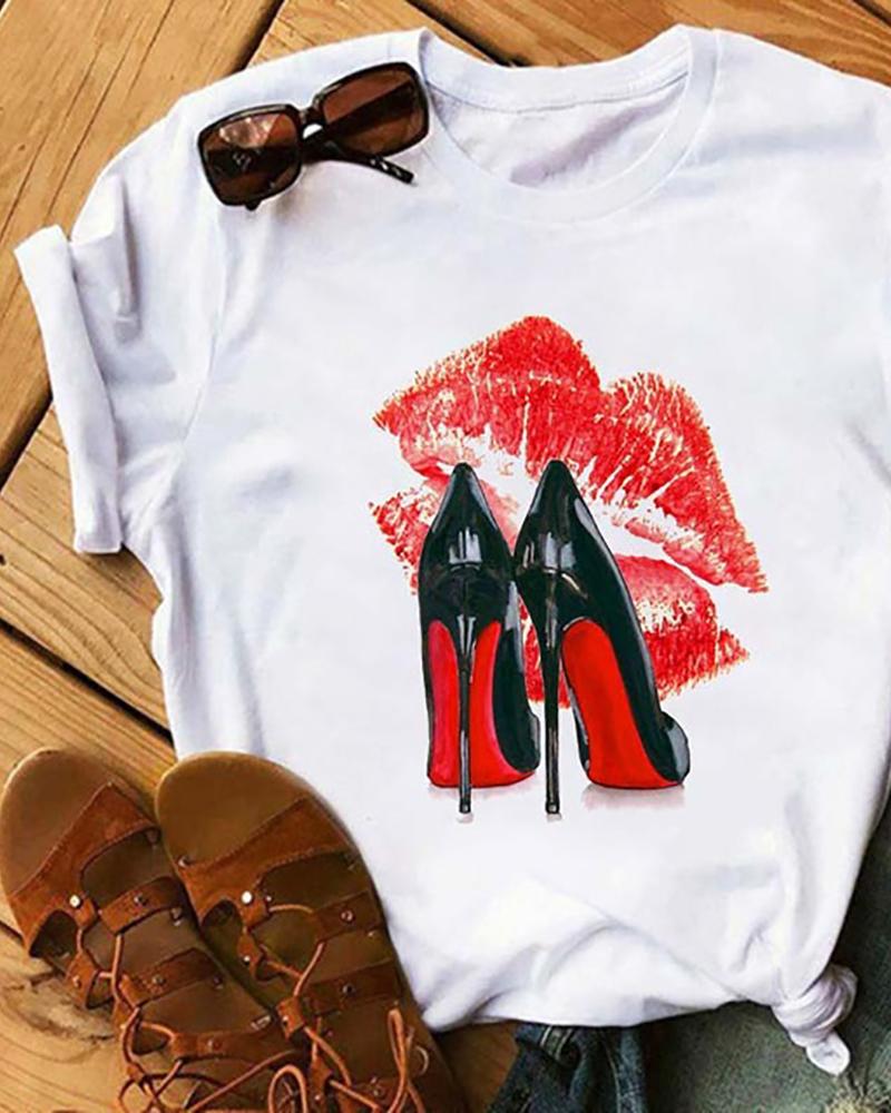 

Lip Print Short Sleeve Casual T-Shirt, Style1