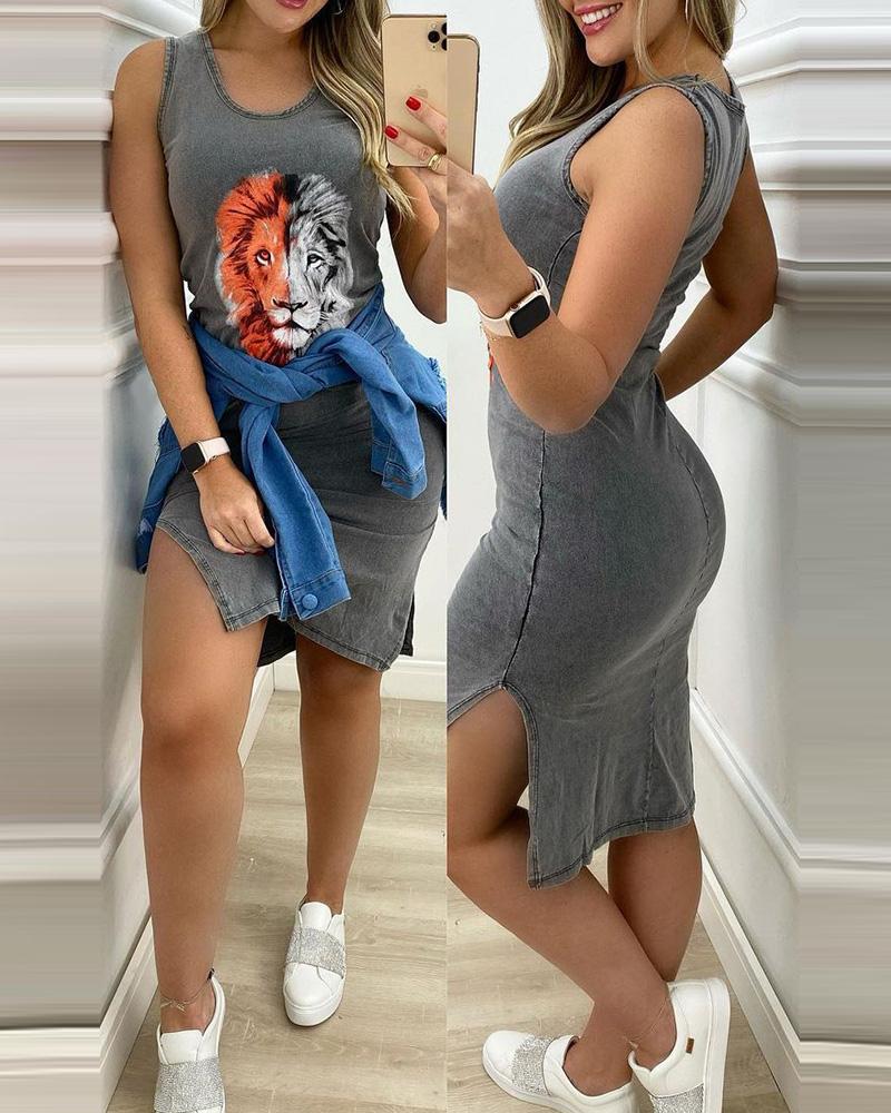 

Lion Print Sleeveless Slit Denim Dress, Gray