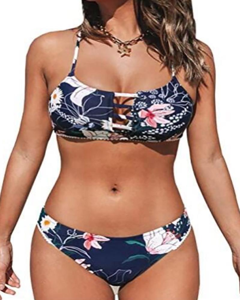 

Floral Print Halter Skinny Bikini Set, Dark blue