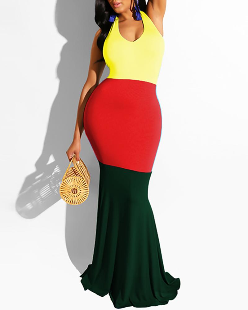 

Sleeveless Color Block Maxi Dress, Red