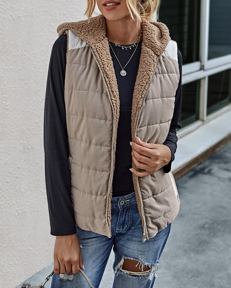 

Zipper Design Fluffy Casual Hooded Vest, Khaki