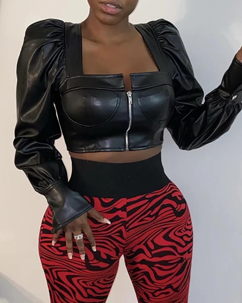 

PU Leather Puffed Sleeve Zipper Design Top, Black