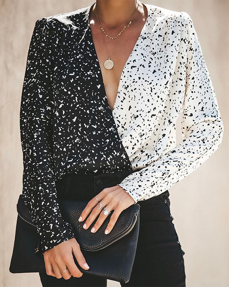 

V-neck Long-Sleeved Slim Printed Contrast Patchwork Blouses Top, Black
