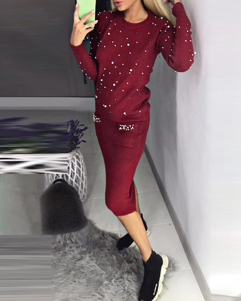 

Beaded Top & Pocket Design Skirt Set, Wine red