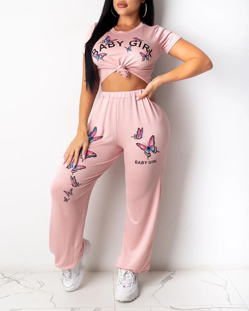 

Letter & Multicolor Butterflies Print Short Sleeve T-shirt With Pants Suit Sets, Pink