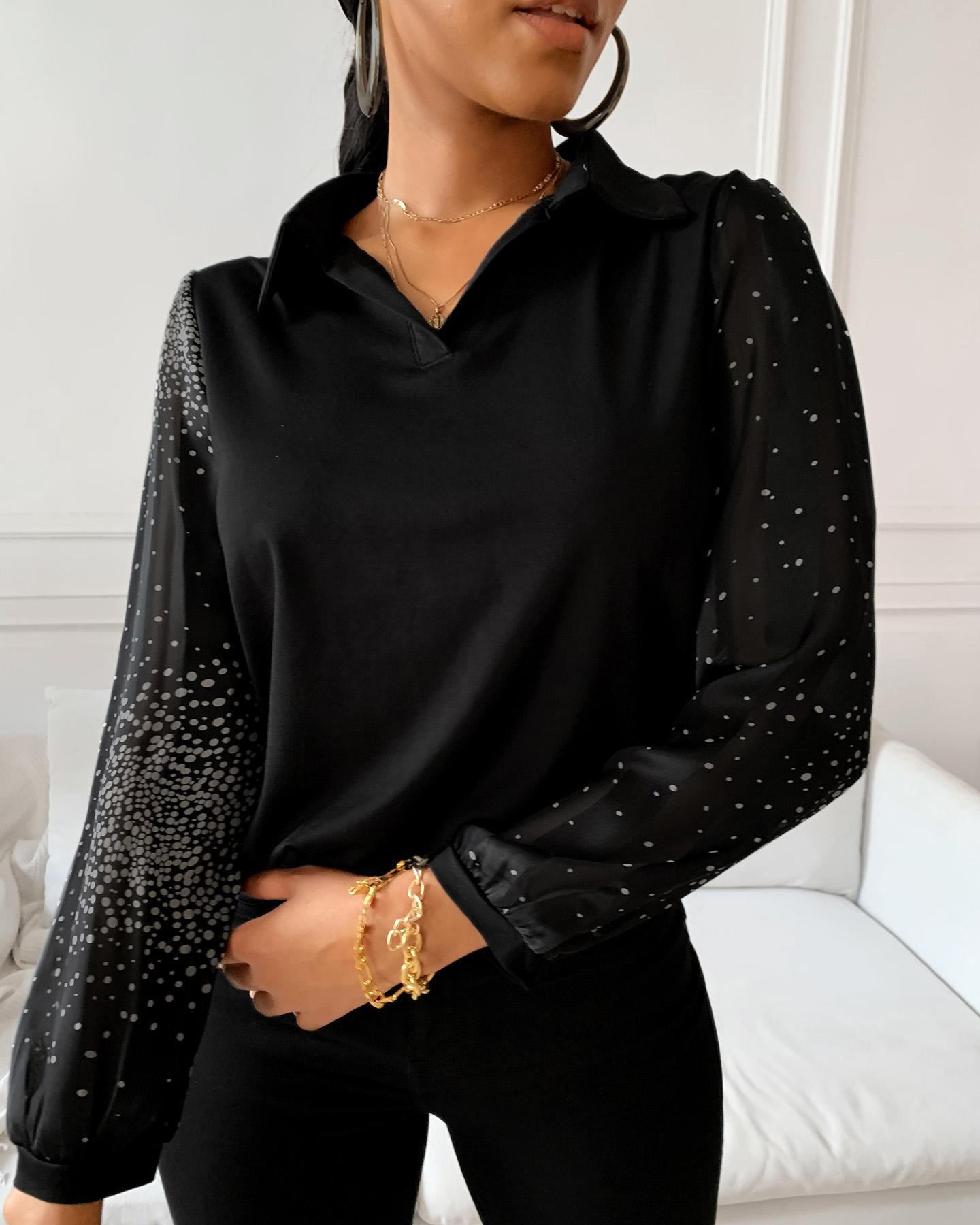 

Dot Print Long Sleeve Casual Top, Black