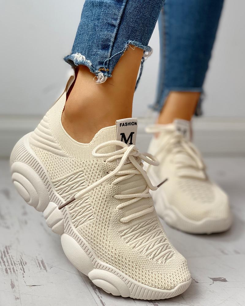 

Knitted Breathable Lace-Up Yeezy Sneakers, Beige