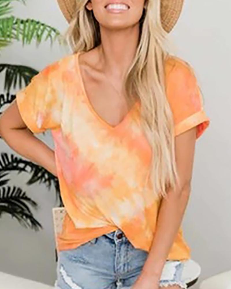 

V-neck Tie Dye Print T-shirt, Orange