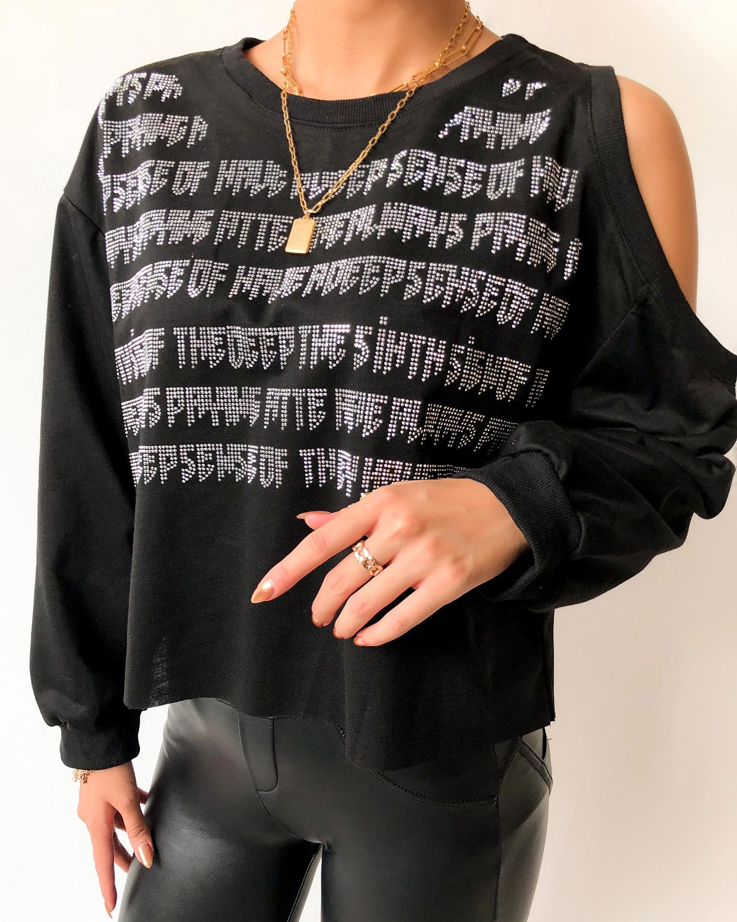

Cold Shoulder Letter Pattern Lantern Sleeve Sweatshirt, Black