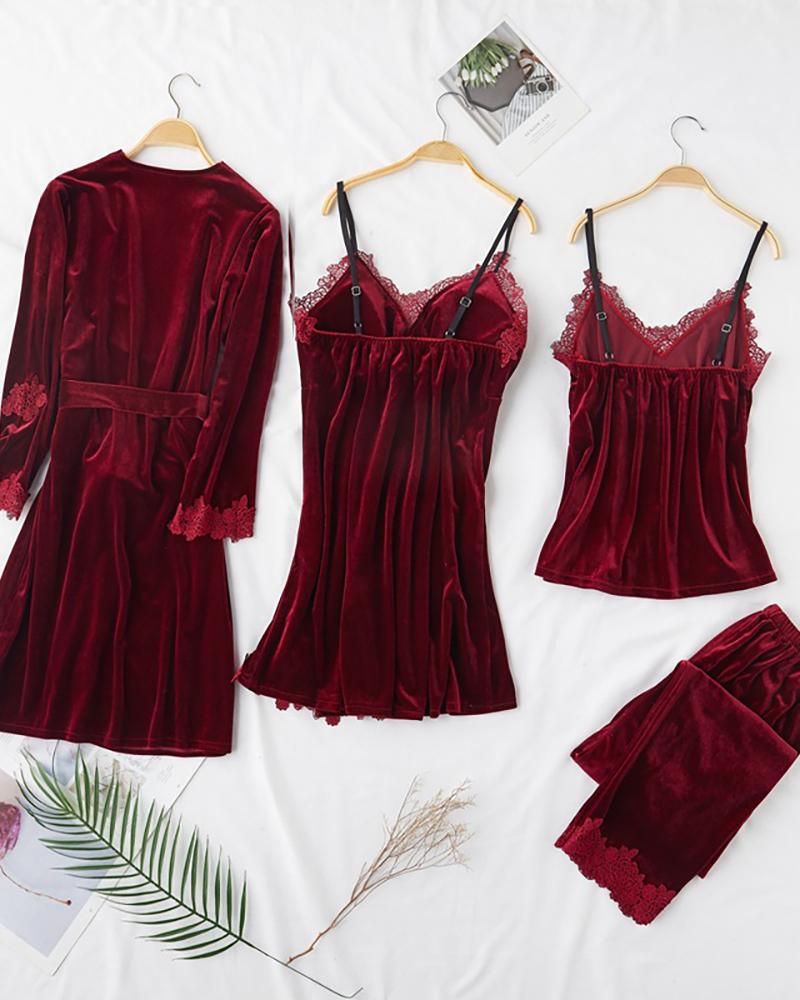 

4PCS Velvet Plain Lace Trim Sleepwear Sets, Wine red