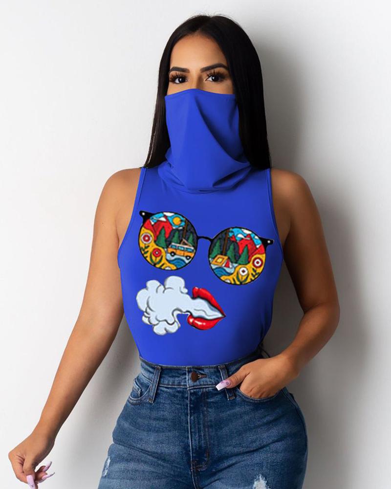 

Print Casual Tank Top With Bandana, Dark blue