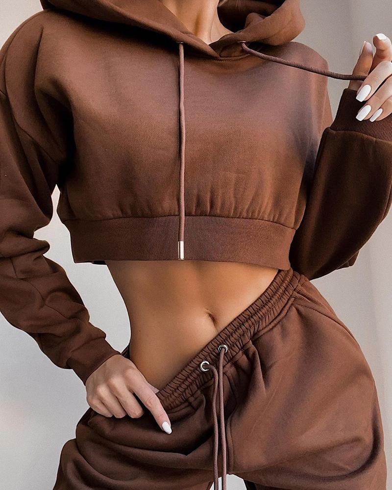 

Solid Hooded Drawstring Top & Pants Set, Brown