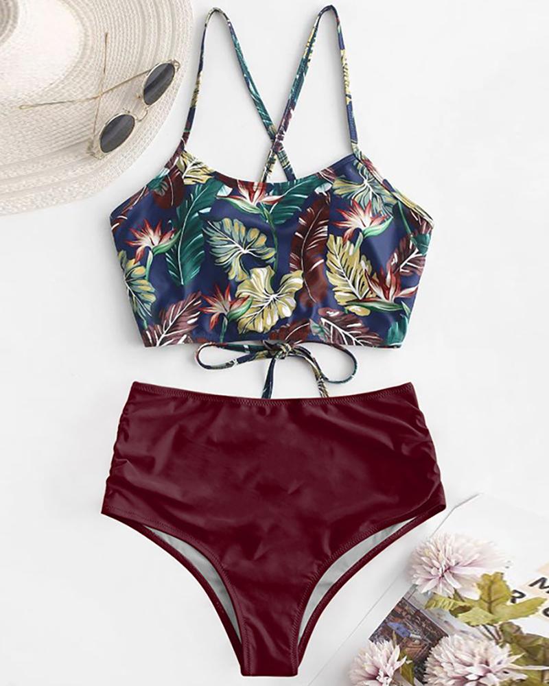 

Sunflower / Palm Leaf Print Colorblock Padded Tankini Set, Wine red