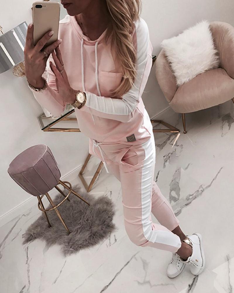 

Colorblock Pocket Design Long Sleeve Hoodie & Pants Set, Pink