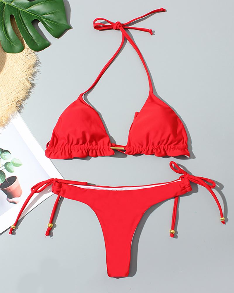 

Solid Spaghetti Strap Halter Bikini Set, Red